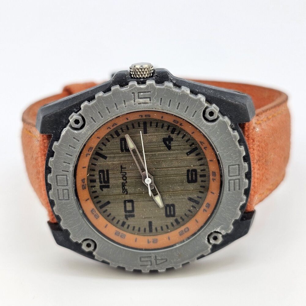 Men's Sprout Watch 42MM Brown Dial Orange Canvas‎ Band Straps New Battery